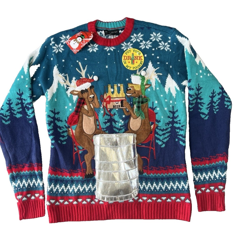NEW Blizzard Bay Reindeer  Beer Drink Holder GIFT Ugly Christmas Sweater Sz S‎